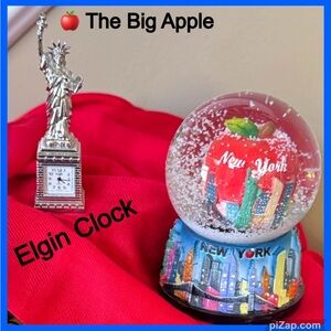 🍎 Miniature Elgin Statue of Liberty Clock & New York Snow Globe